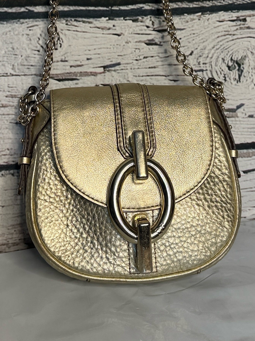 Diane Von Furstenberg Metallic Gold pebble Leather Crossbody Bag w Chain Strap